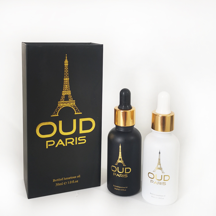 Hot sell CBD oil beard oil packing 30ml frosted black glass dropper bottle with gold logo printing and square gift box