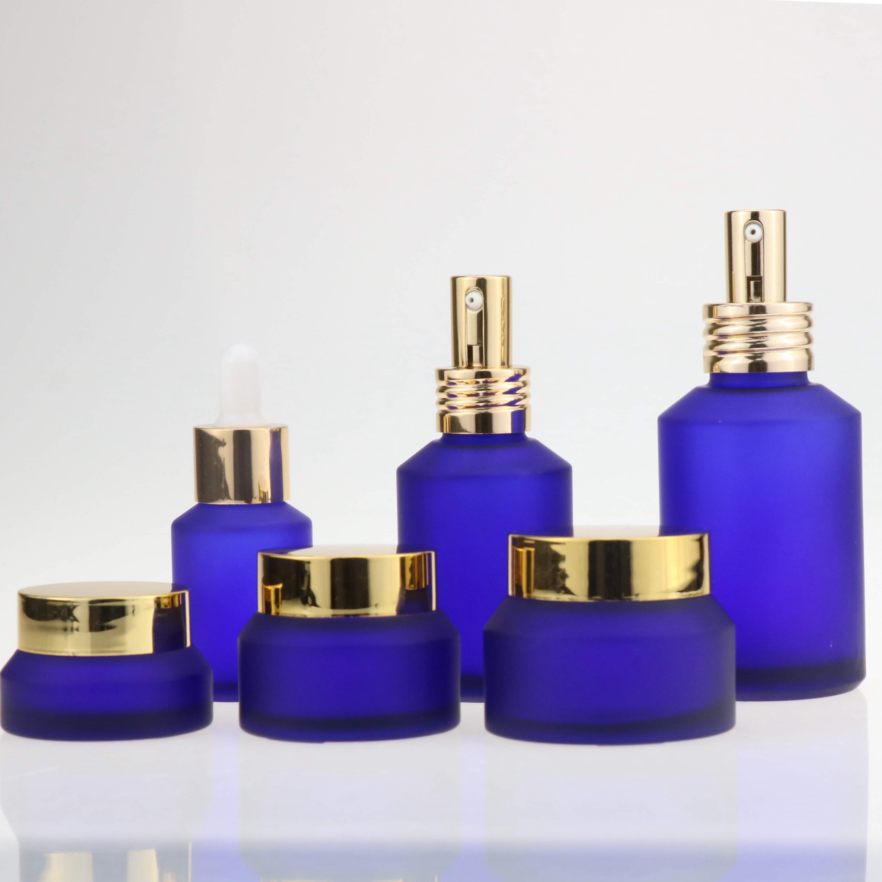 Hot sell beautiful blue glass jars with frosted black plastic cap