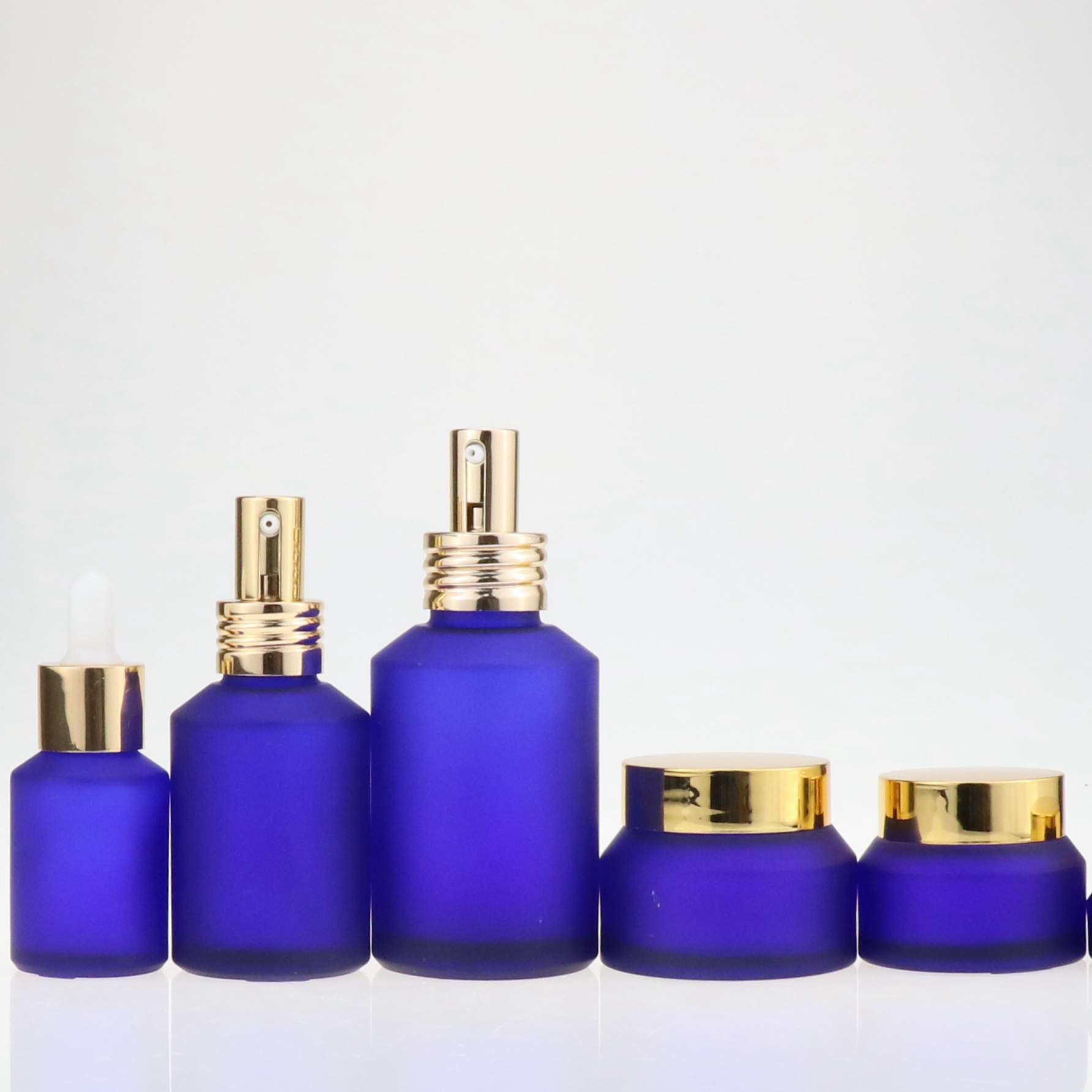 Hot sell beautiful blue glass jars with frosted black plastic cap