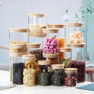 Hot sell borosilicate kitchen storage glass jar spice tea nut container with bamboo lid