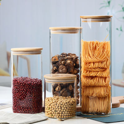 Hot sell borosilicate kitchen storage glass jar spice tea nut container with bamboo lid