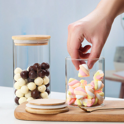 Hot sell borosilicate kitchen storage glass jar spice tea nut container with bamboo lid