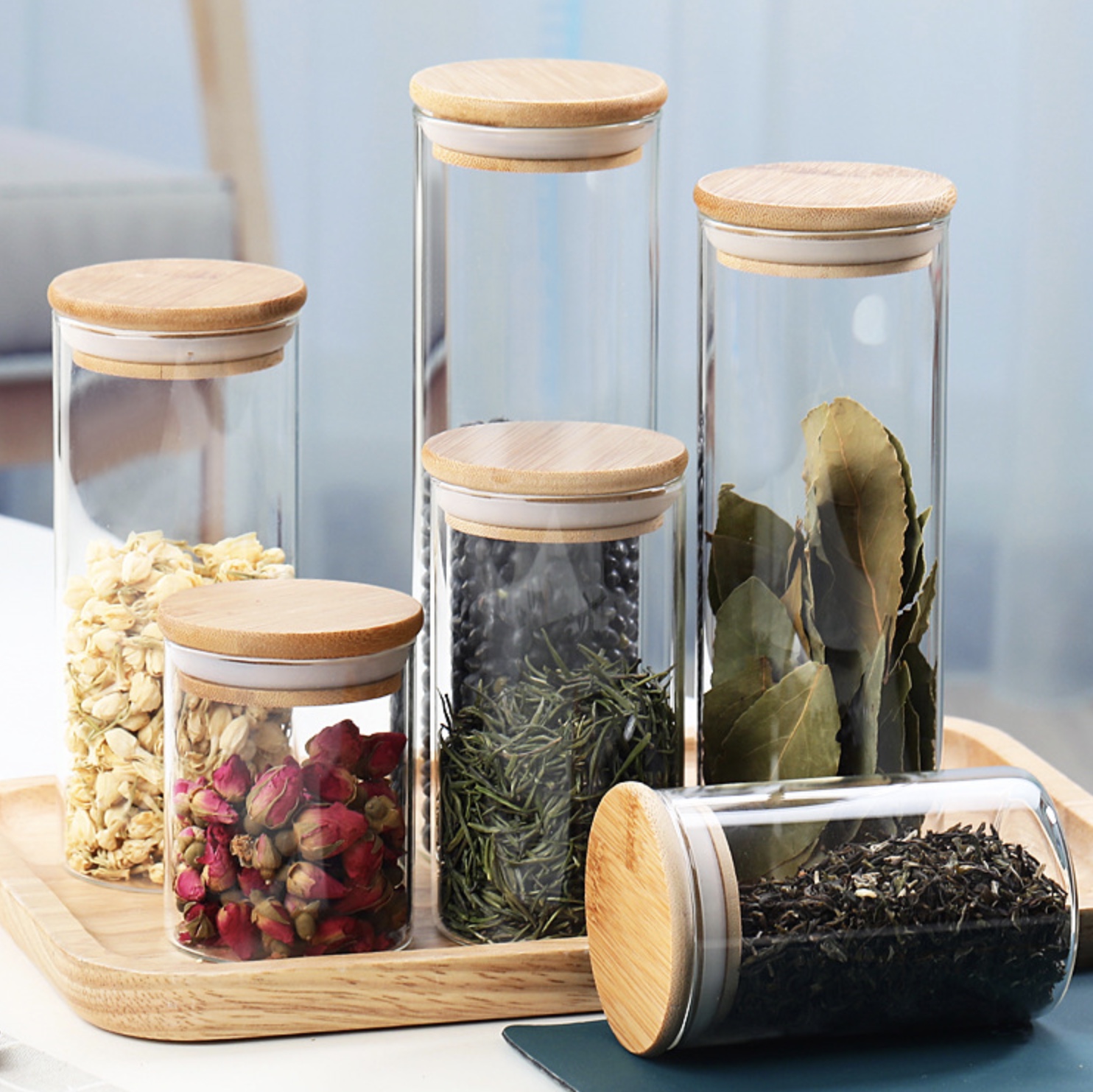 Hot sell borosilicate kitchen storage glass jar spice tea nut container with bamboo lid