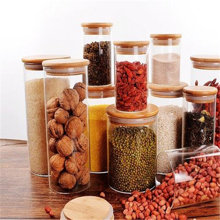 Hot sell borosilicate kitchen storage glass jar spice tea nut container with bamboo or wood lid