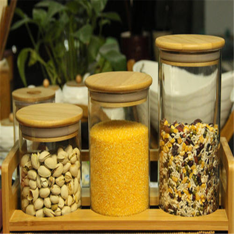 Hot sell borosilicate kitchen storage glass jar spice tea nut container with bamboo or wood lid