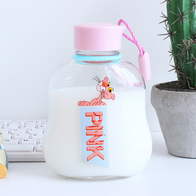 Hot sell cute cartoon Pink Panther pattern glass water milk juice bottle with plastic lid