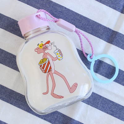 Hot sell cute cartoon Pink Panther pattern glass water milk juice bottle with plastic lid