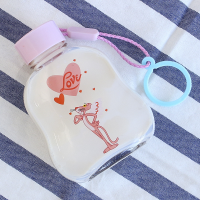 Hot sell cute cartoon Pink Panther pattern glass water milk juice bottle with plastic lid