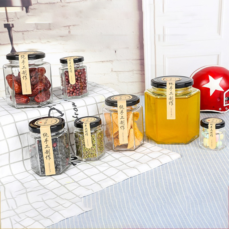 Hot sell empty 450ml 500ml frasco de vidrio hexagon honey jar glass jars bottles