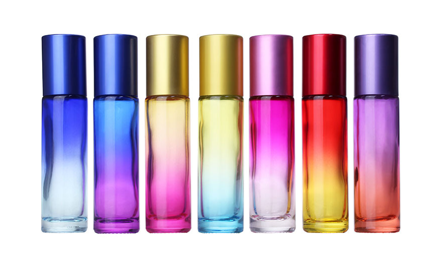 Hot sell in Philippines cosmetic packing colorful gradient color perfume bottles gemstone roller balls glass roller bottle 10ml