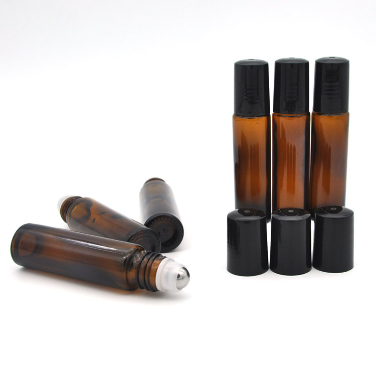 Hot selling 10ml amber roll on glass perfume bottle with metal roller ball and black plastic cap