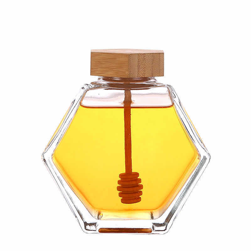 Hot selling 220ml 380ml clear glass honey jar with bamboo lid