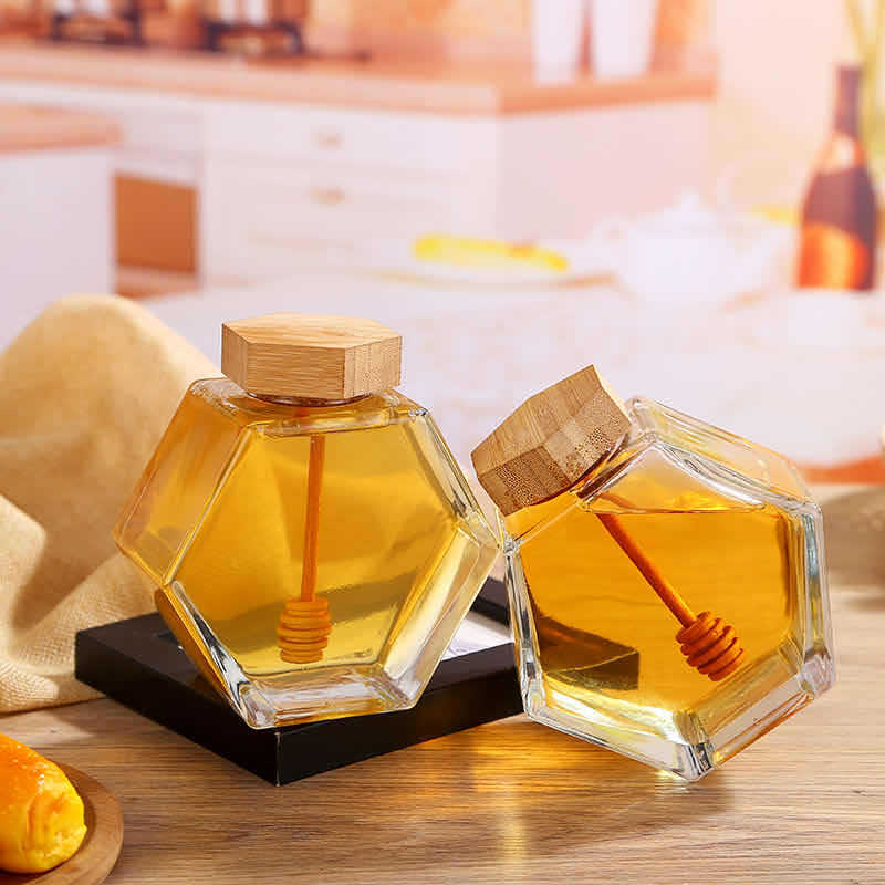 Hot selling 220ml 380ml clear glass honey jar with bamboo lid