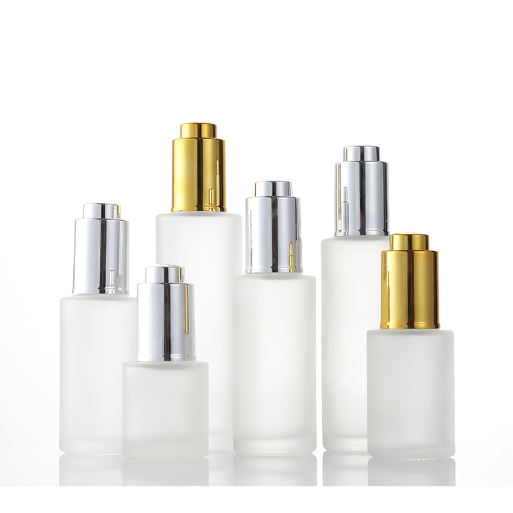Hot selling 30ml 50ml custom logo cosmetic frosted glass bottle with silver cap pump head essential oil emulsion serum sub-bottl