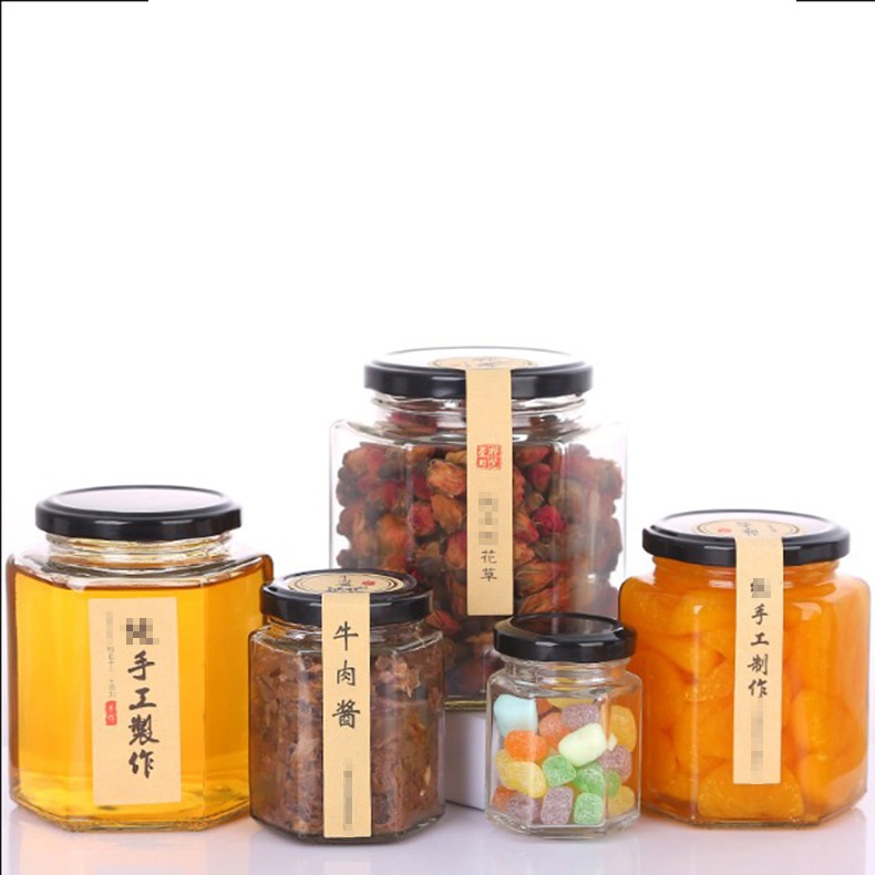 Hot selling 45ml 100ml 500ml clear polygon glass jar for honey/jam/pickles