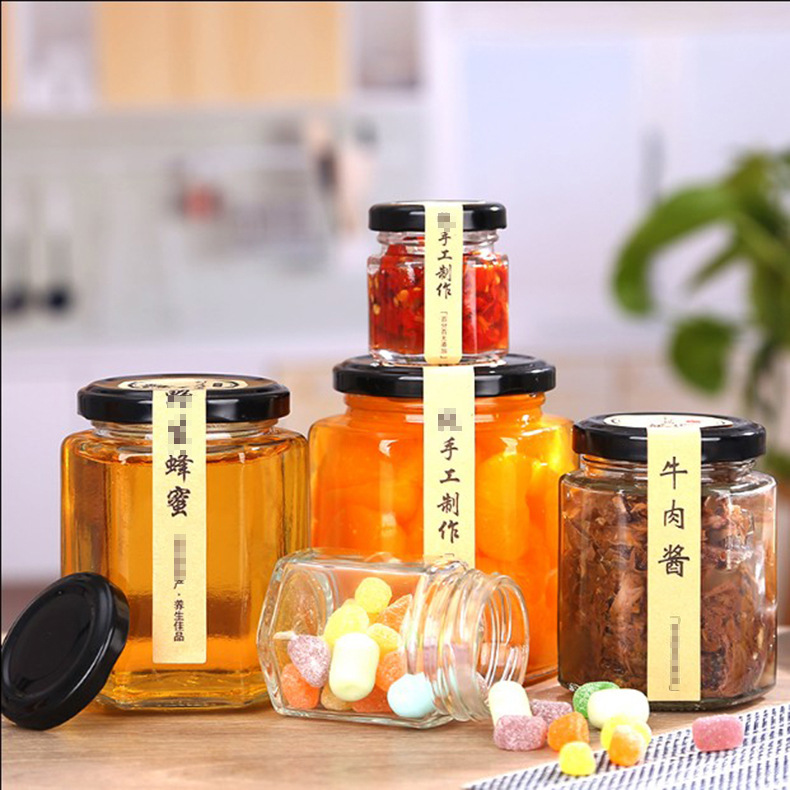Hot selling 45ml 100ml 500ml clear polygon glass jar for honey/jam/pickles