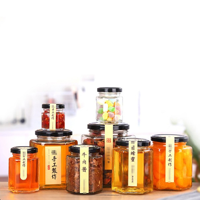 Hot selling 45ml 100ml 500ml clear polygon glass jar for honey/jam/pickles