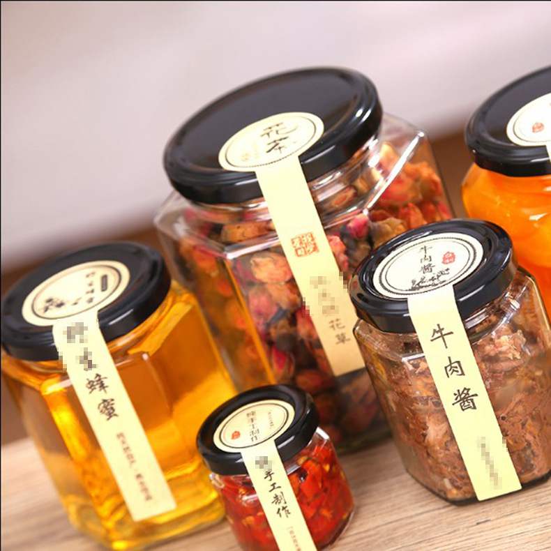 Hot selling 45ml 100ml 500ml clear polygon glass jar for honey/jam/pickles