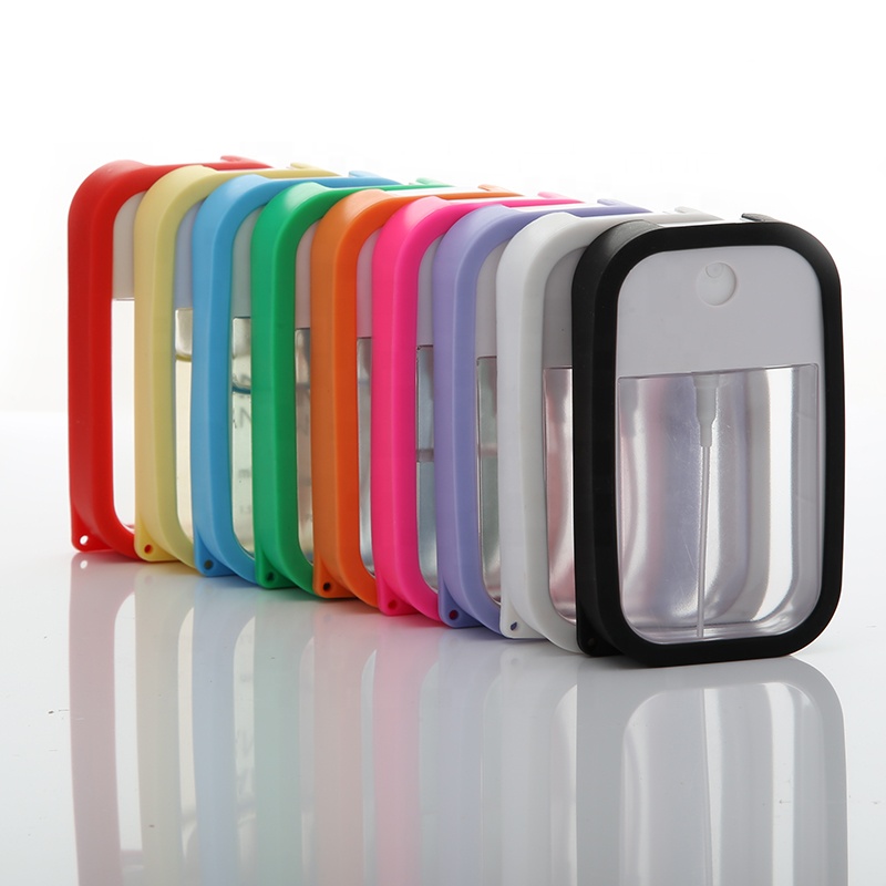 Hot selling 50ml empty plastic hand sanitizer credit card type refillable perfume spray disinfectant bottle with keychain