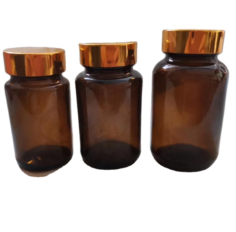 Hot selling 60cc 75cc 100cc Amber Wide Mouth Tablet Glass Bottle With Aluminum screrw cap for health care