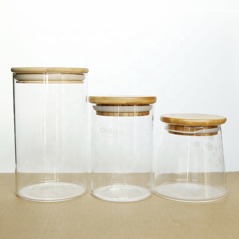 Hot selling airtight high borosicilate glass storage jar for spice tea nut container with bamboo lid