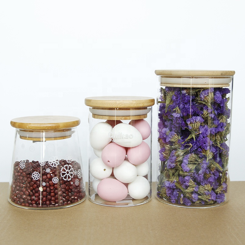 Hot selling airtight high borosicilate glass storage jar for spice tea nut container with bamboo lid