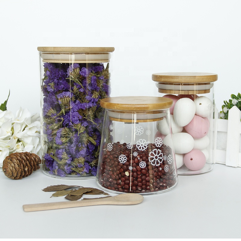 Hot selling airtight high borosicilate glass storage jar for spice tea nut container with bamboo lid