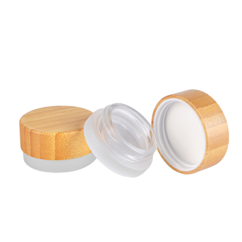 Hot selling cosmetic jar 5g frosted clear glass body glass cosmetic cream jar with bamboo lid