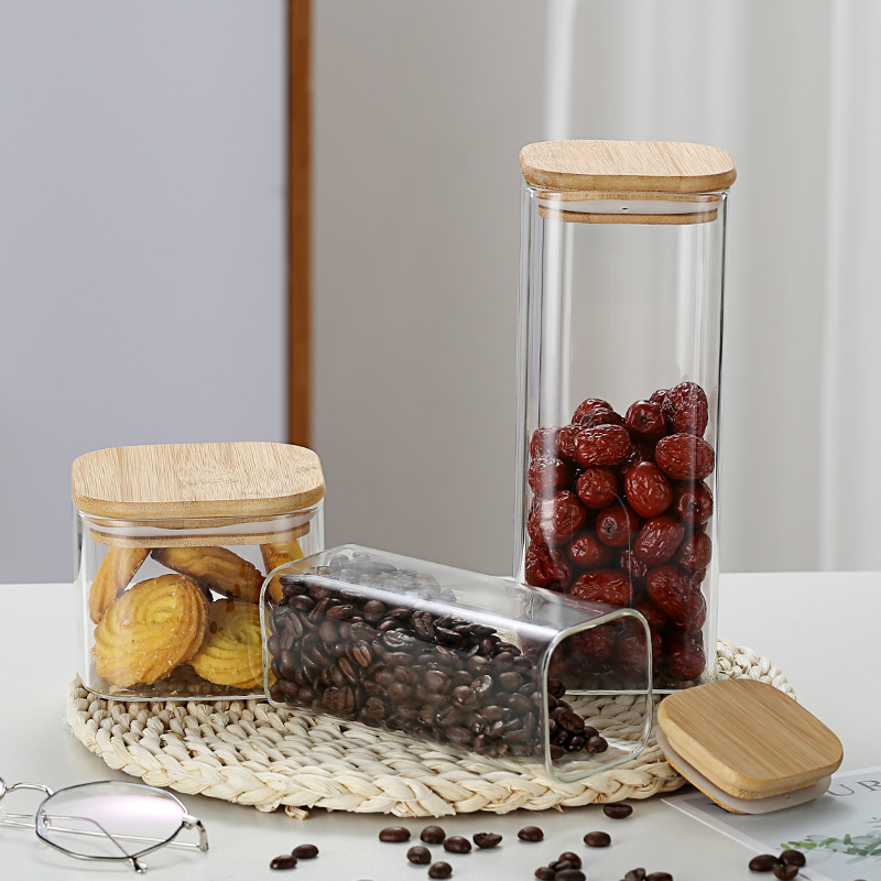 Hot selling handmade high borosilicate glass storage jar with bamboo lid