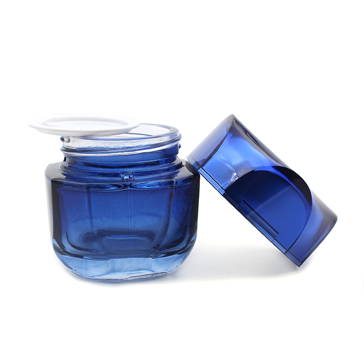 Hot selling high quality luxury empty blue 50g square cosmetic jar glass jar set