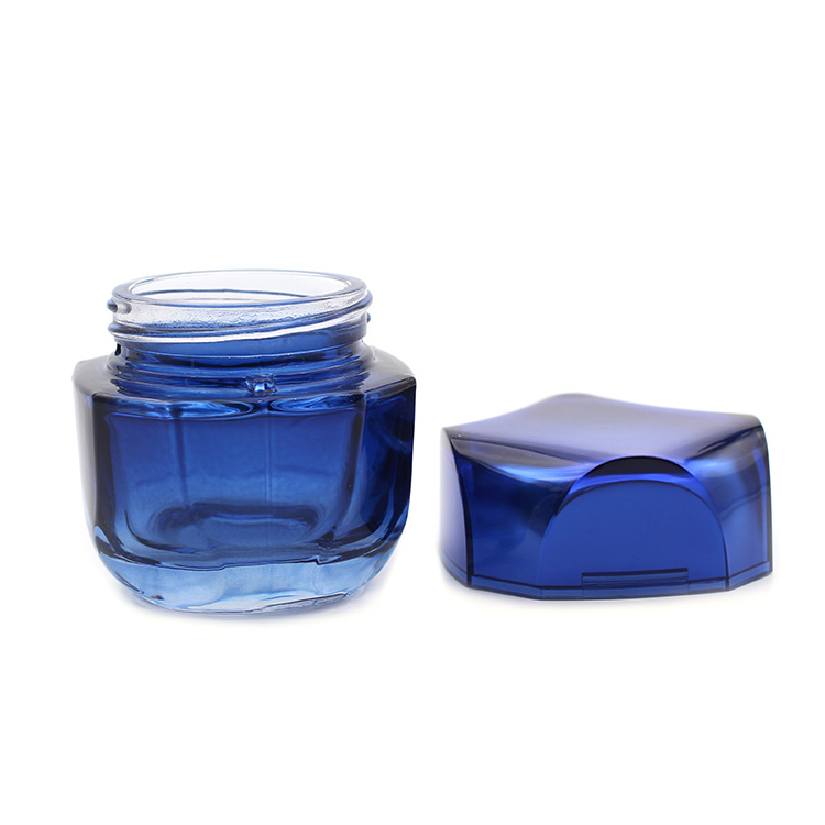 Hot selling high quality luxury empty blue 50g square cosmetic jar glass jar set