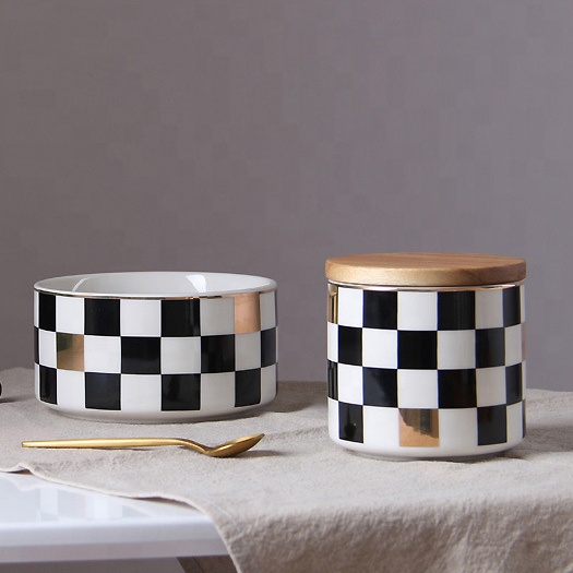 Hot selling luxury gold decal printing ceramic kitchen canister storage bottle & jar with bamboo lid