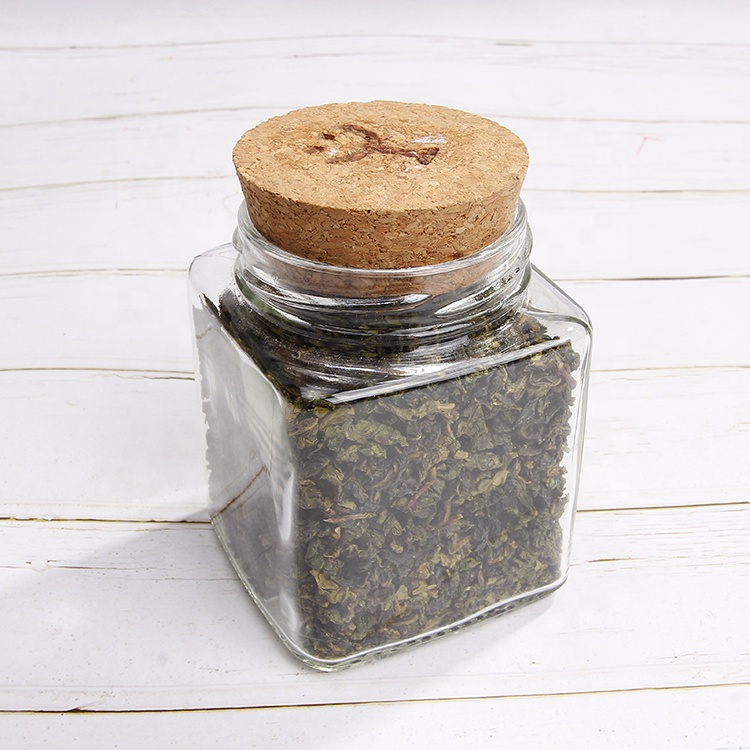 Hot selling saffron packaging square transparent herb storage small empty jars with cork for tea
