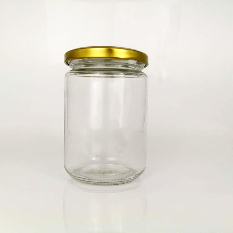 Hot selling wholesale round 350ml glass jam jar honey jar sealed glass jar with gold metal lid