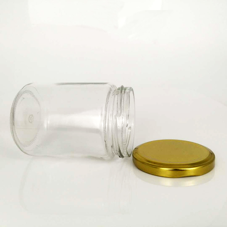 Hot selling wholesale round 350ml glass jam jar honey jar sealed glass jar with gold metal lid