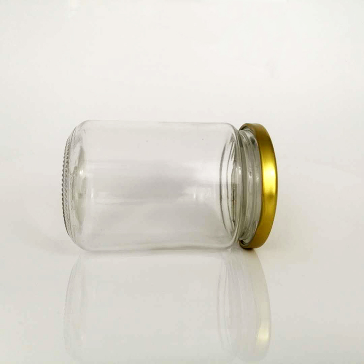 Hot selling wholesale round 350ml glass jam jar honey jar sealed glass jar with gold metal lid