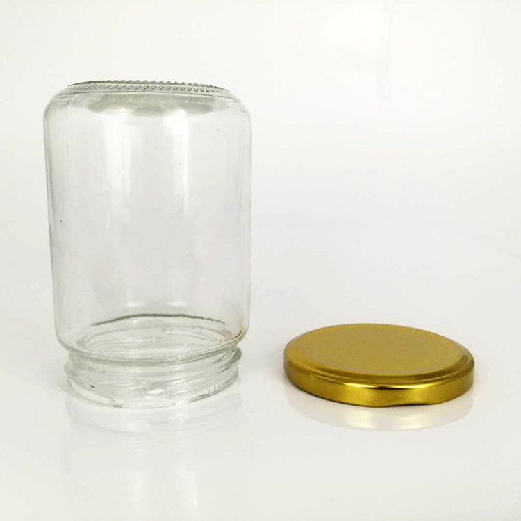 Hot selling wholesale round 350ml glass jam jar honey jar sealed glass jar with gold metal lid