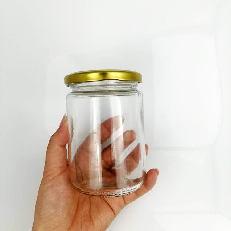 Hot selling wholesale round 350ml glass jam jar honey jar sealed glass jar with gold metal lid