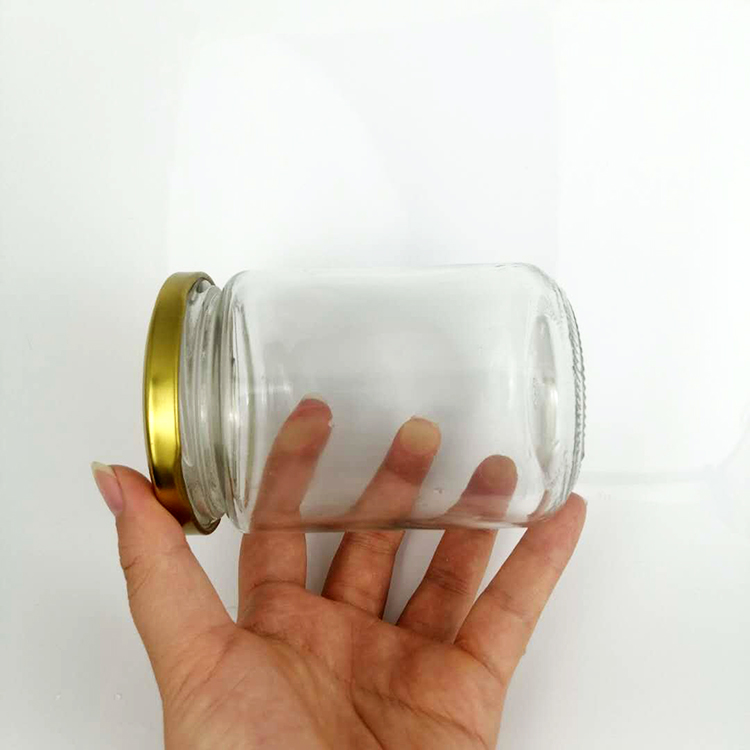 Hot selling wholesale round 350ml glass jam jar honey jar sealed glass jar with gold metal lid