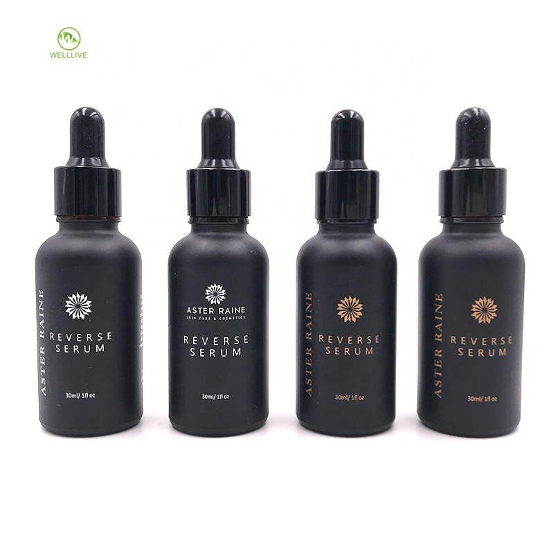 Hot stamping 30ml 1oz frosted black matte color glass essential oil dropper bottle with black lid