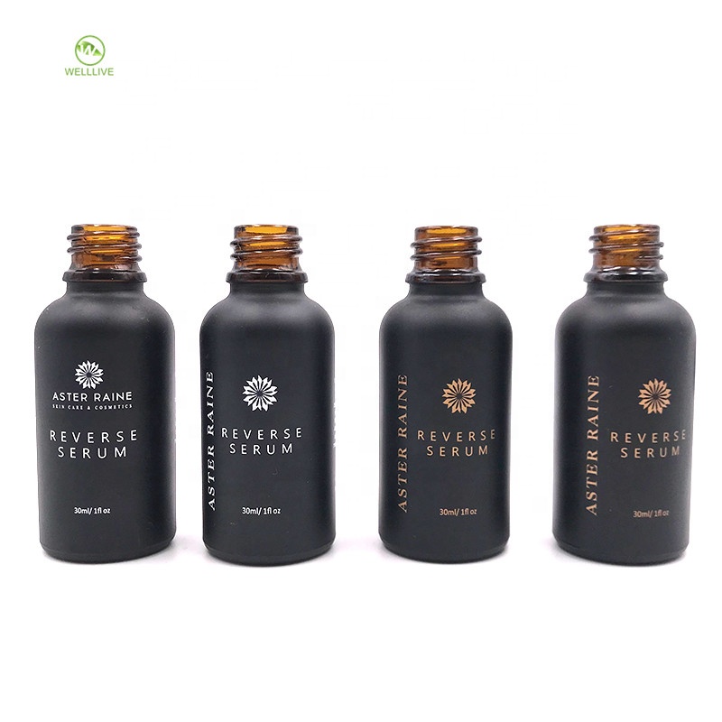 Hot stamping 30ml 1oz frosted black matte color glass essential oil dropper bottle with black lid