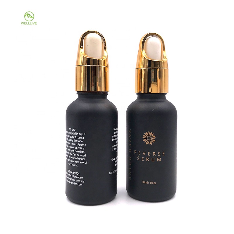 Hot stamping 30ml 1oz frosted black matte color glass essential oil dropper bottle with black lid