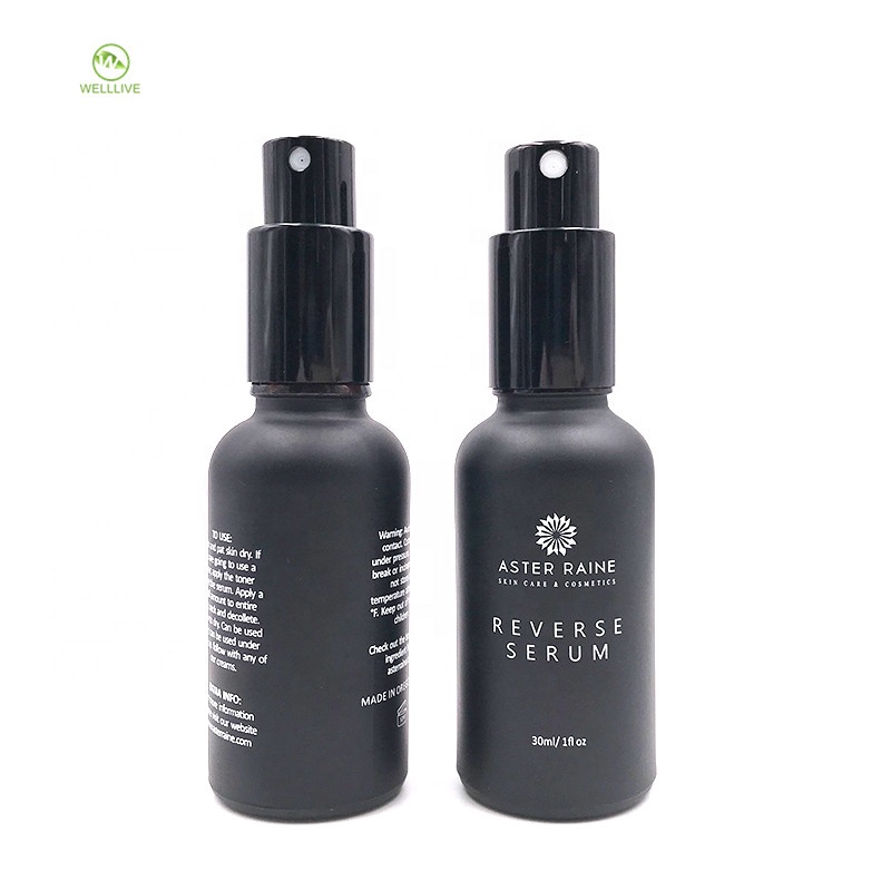 Hot stamping 30ml 1oz frosted black matte color glass essential oil dropper bottle with black lid