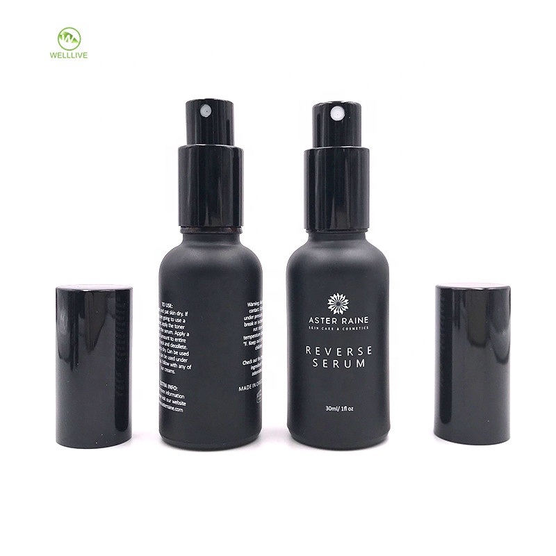 Hot stamping 30ml 1oz frosted black matte color glass essential oil dropper bottle with black lid