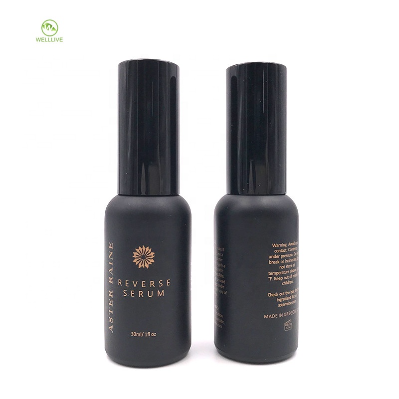 Hot stamping 30ml 1oz frosted black matte color glass essential oil dropper bottle with black lid