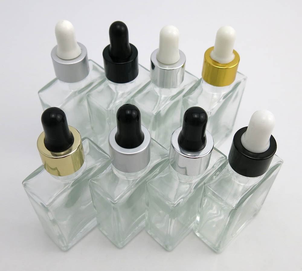 Hot stamping screen printing labels 30ml square clear glass dropper bottle for essential oil bottles