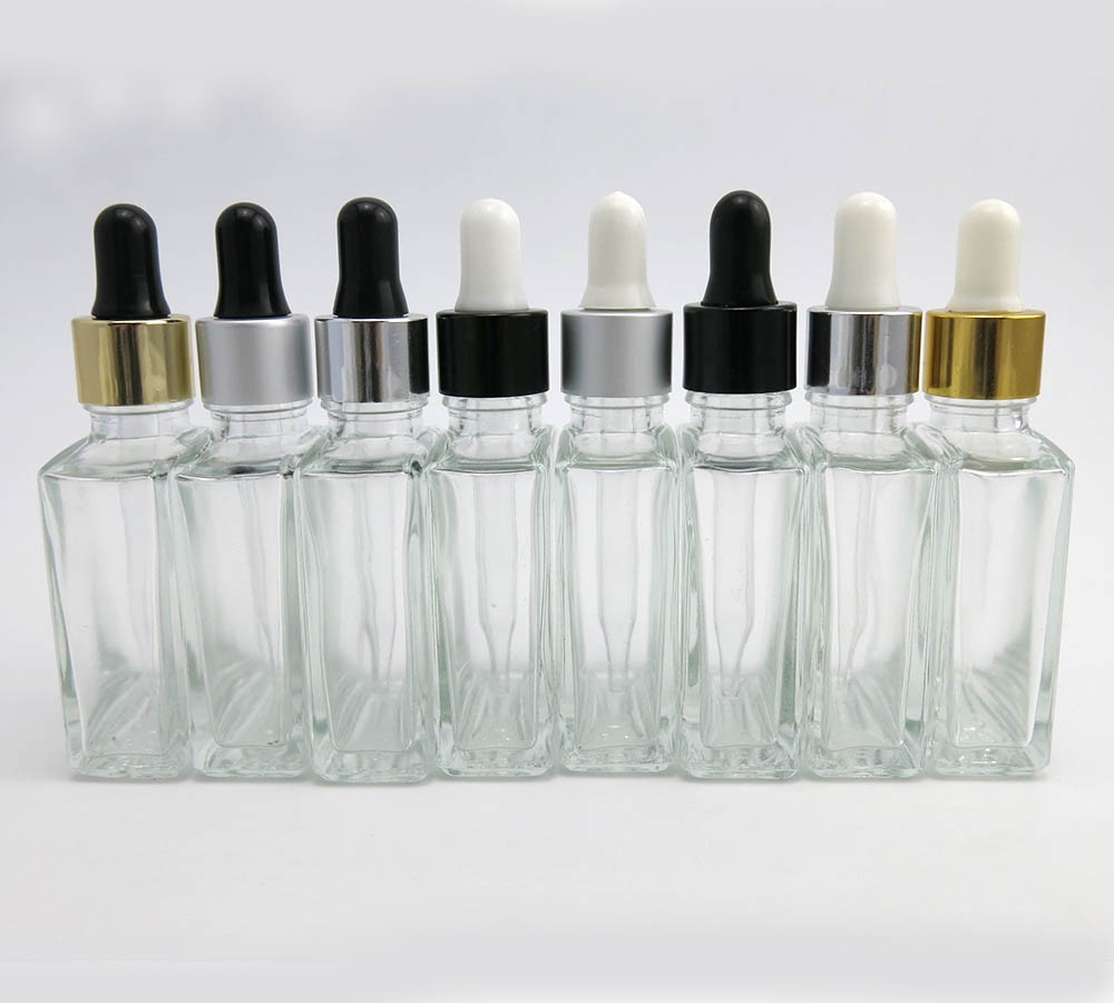 Hot stamping screen printing labels 30ml square clear glass dropper bottle for essential oil bottles