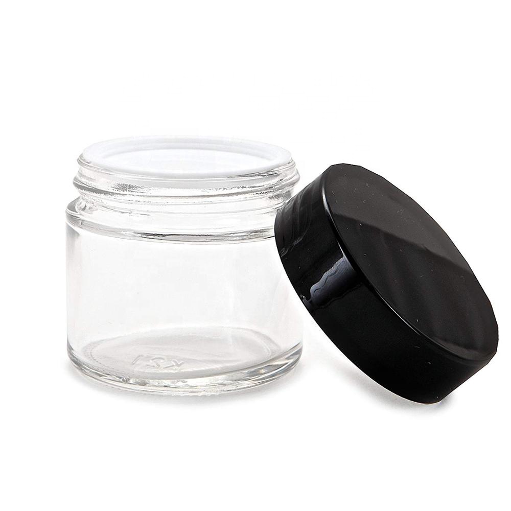 Hotsale 2oz Mini Round Clear Glass Face Cream Jars / Cosmetic Jars with Inner Liners and Black Lids