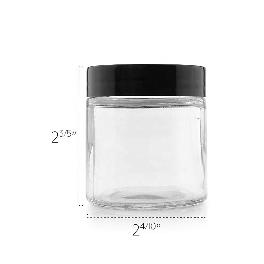 Hotsale 2oz Mini Round Clear Glass Face Cream Jars / Cosmetic Jars with Inner Liners and Black Lids