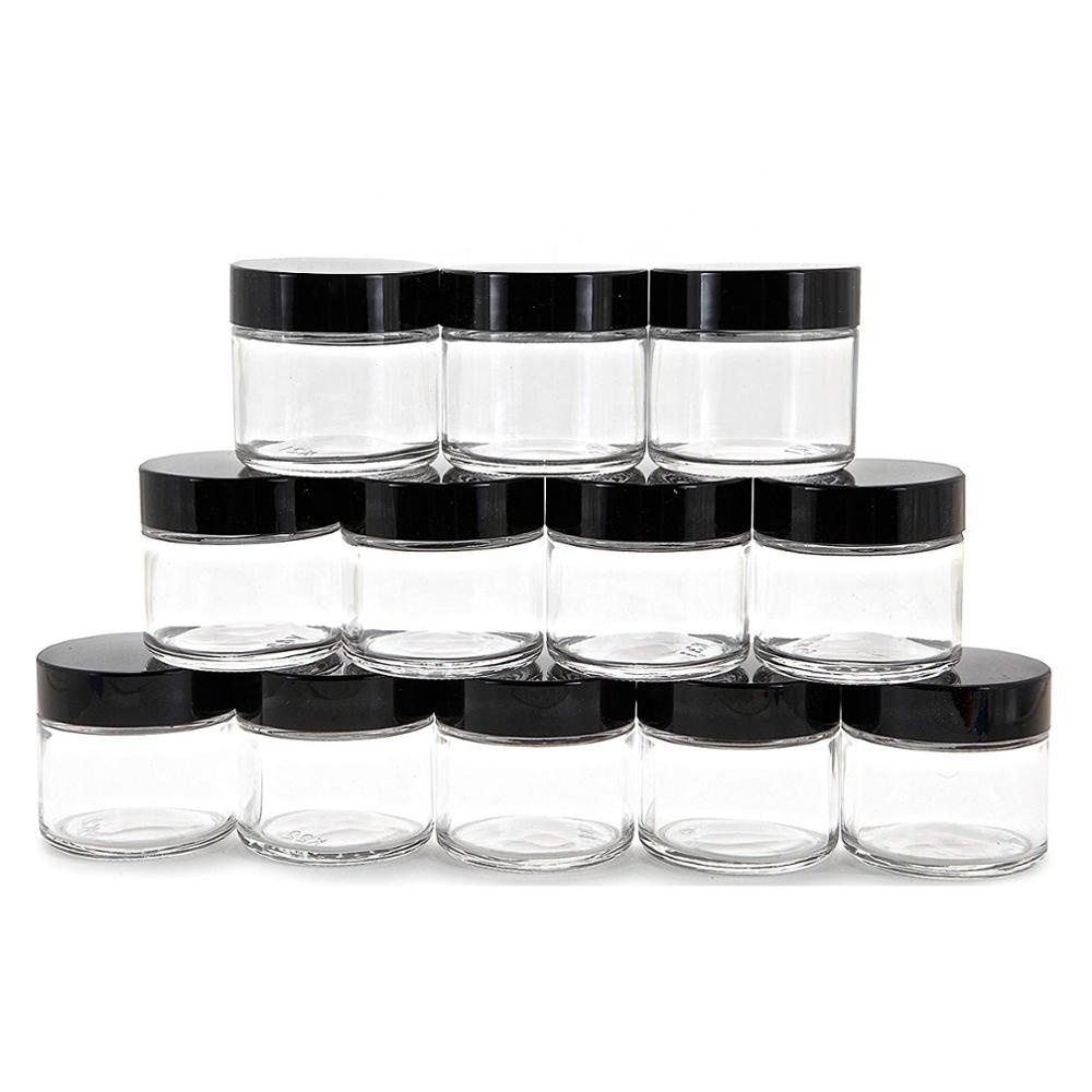 Hotsale 2oz Mini Round Clear Glass Face Cream Jars / Cosmetic Jars with Inner Liners and Black Lids
